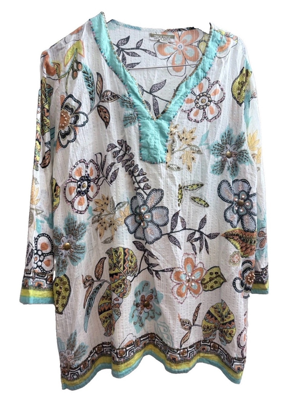 🔥🏷️White Floral V-Neck Tunic Top with Aqua Trim